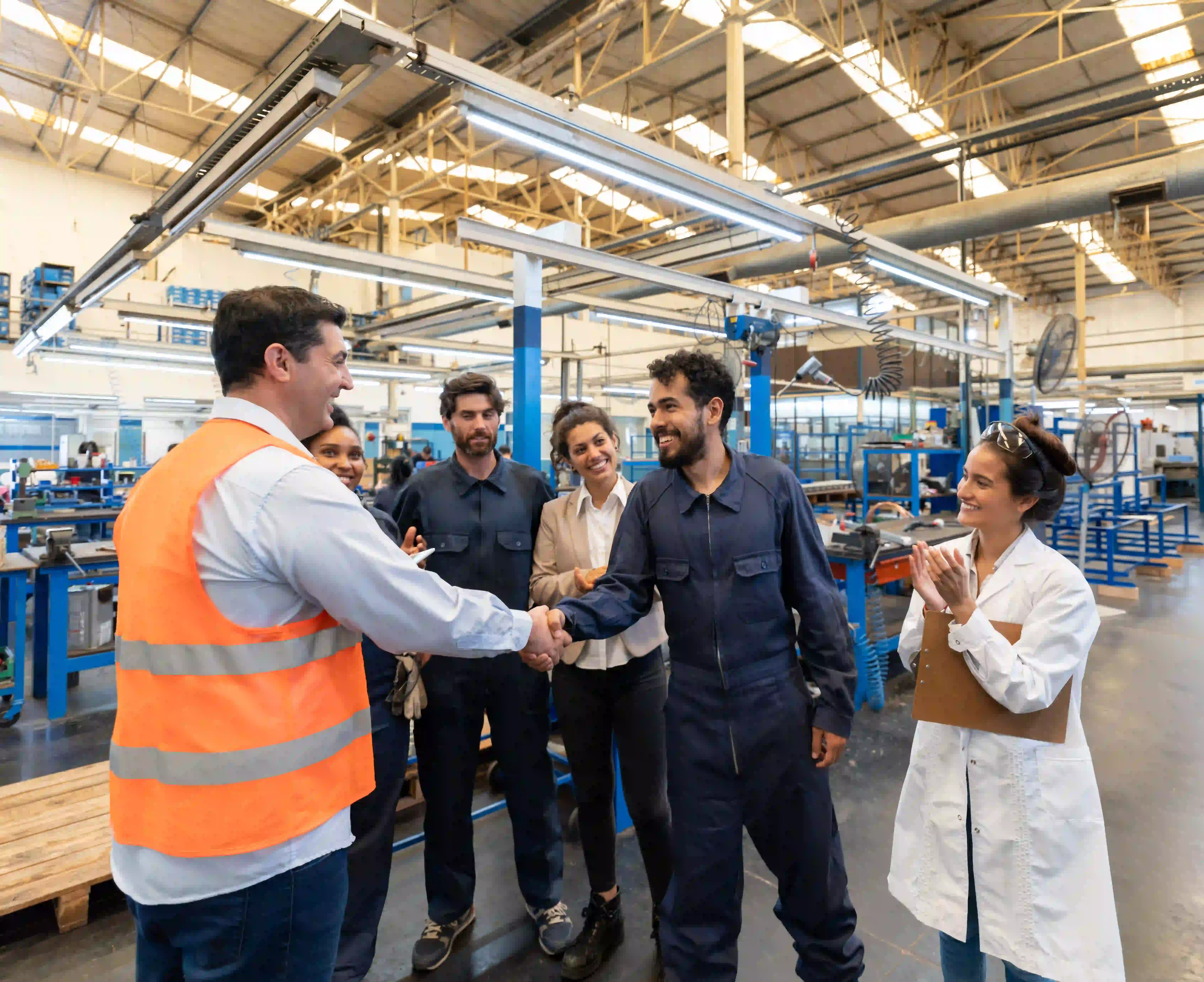 A manager and a workshop employee shake hands